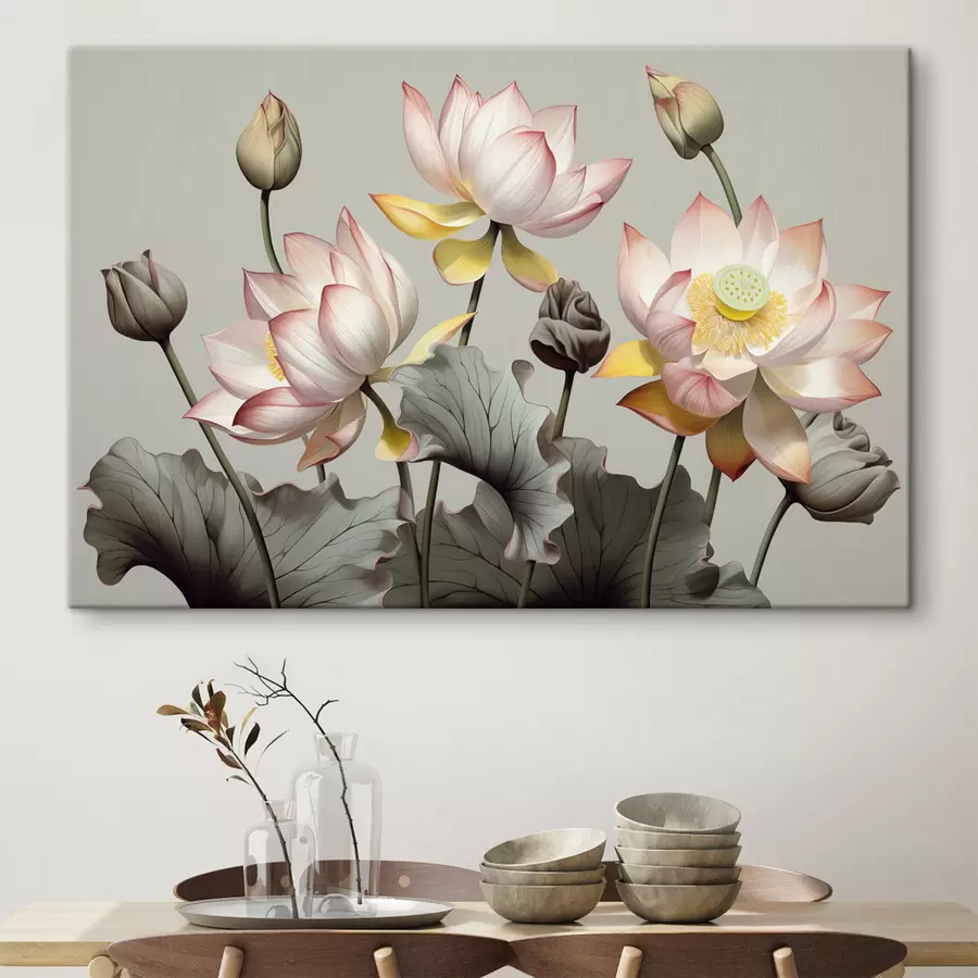 wall murals Lotus flowers with pastel petals and green leaves, in a muted color palette, against a plain background s44862