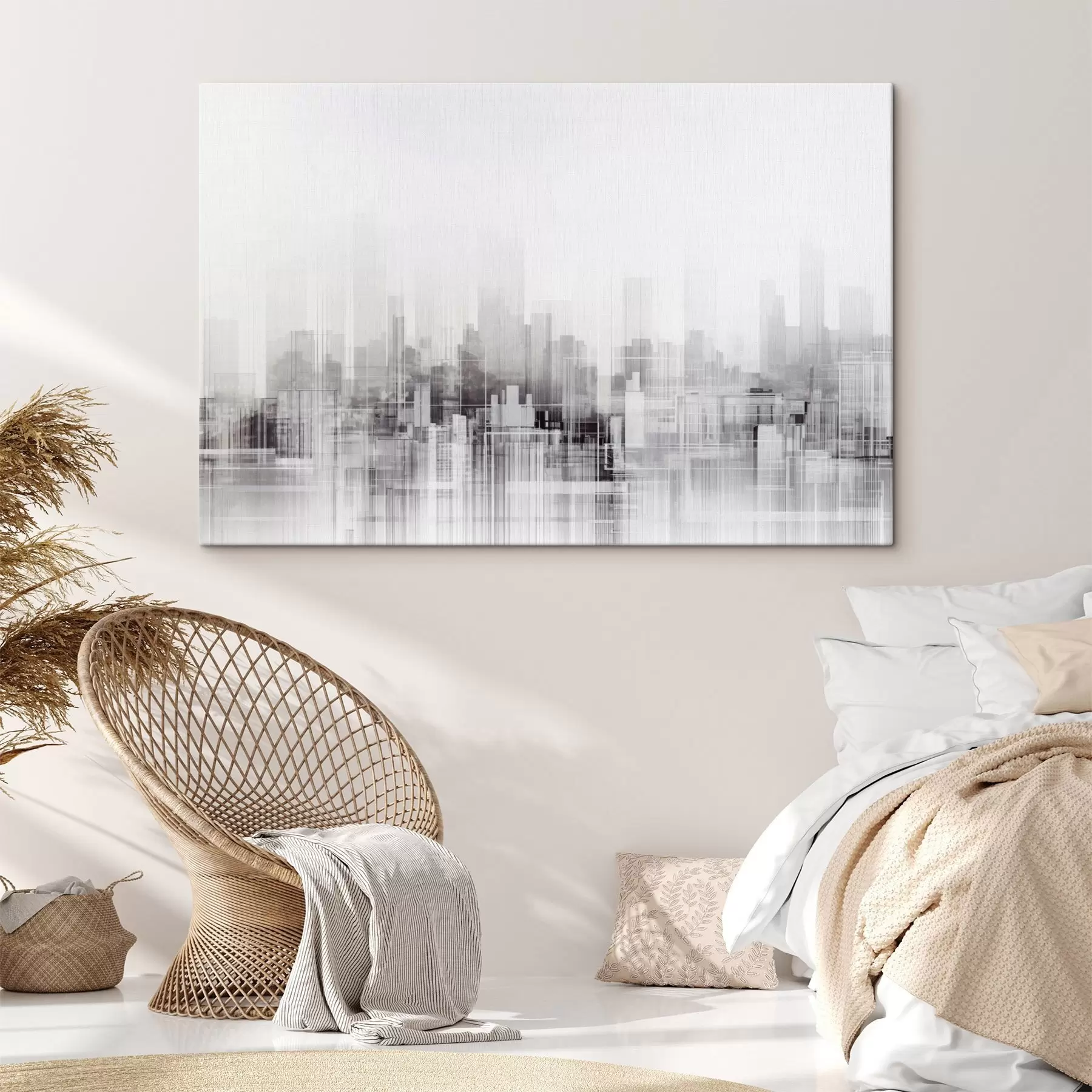 wall murals Textured minimalistic cityscape with tall buildings and skyscrapers, silhouetted against a white sky s44863