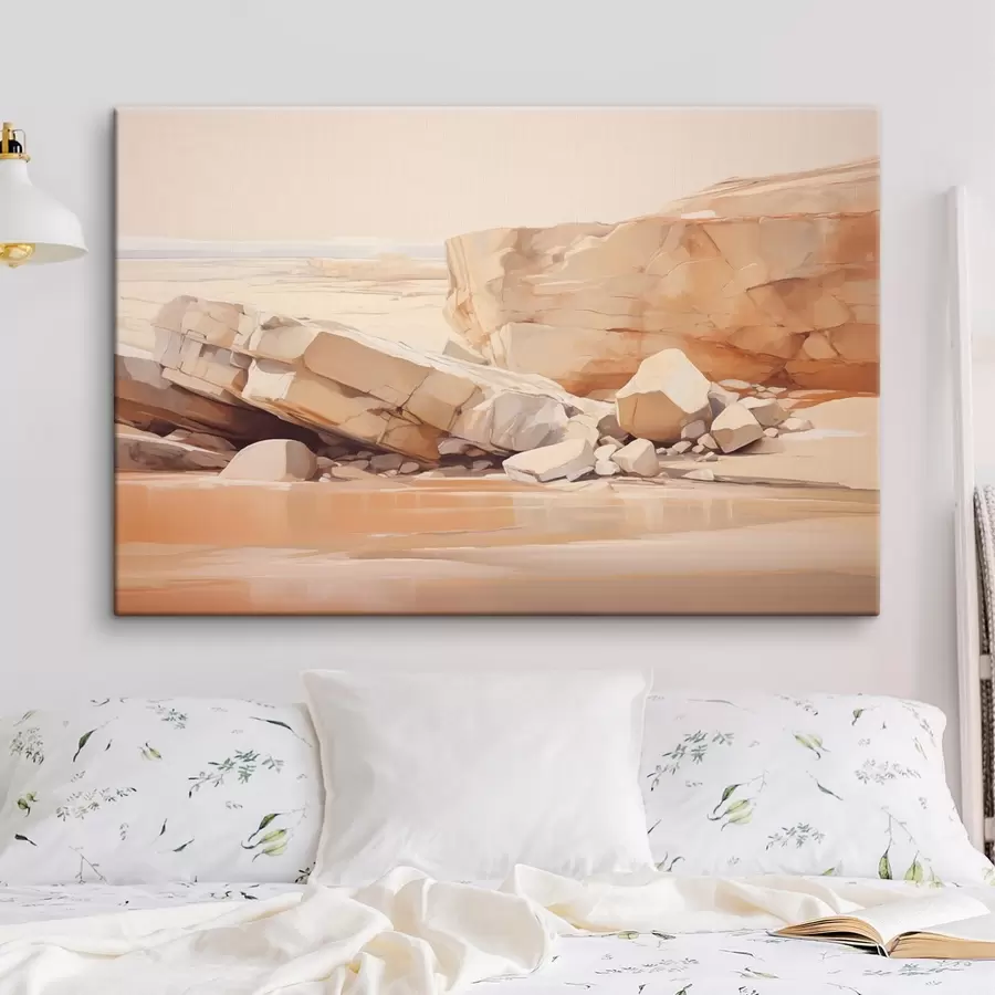 wall murals Minimalistic rocky beach landscape with large light brown boulders and clear water s44865