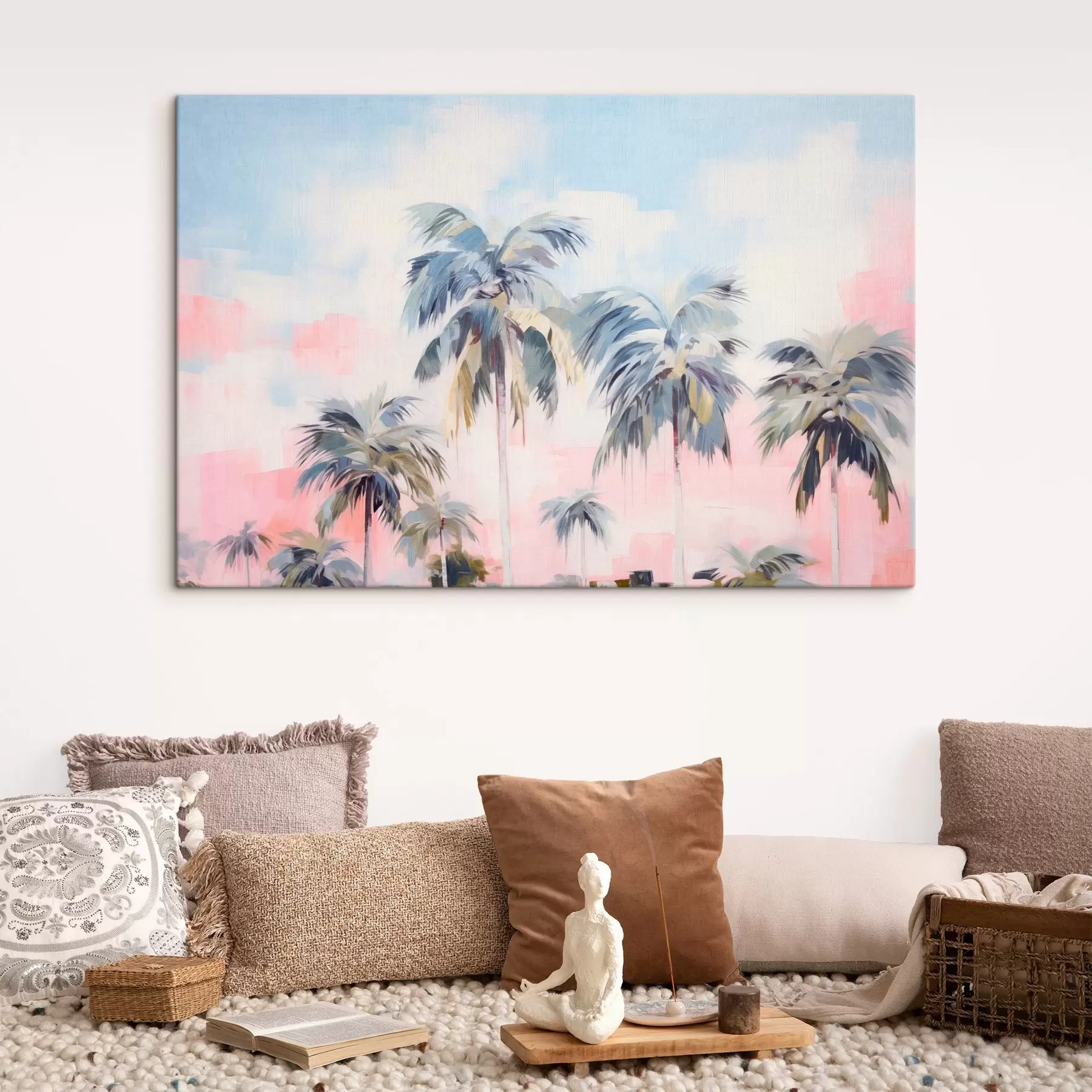 murales Palmeras con hojas de colores pastel y troncos marrones, cielo rosa y azul, ambiente tropical s44866