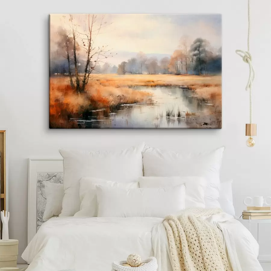 murales Una pintura de paisaje de textura tranquila imitación de juncos y árboles desnudos, el agua tranquila bajo un cielo s44867