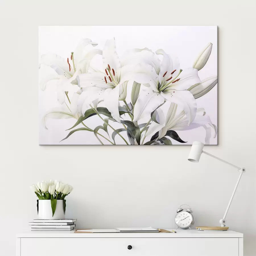 wall murals A bouquet of white lilies with green leaves, delicate petals and soft white background s44868