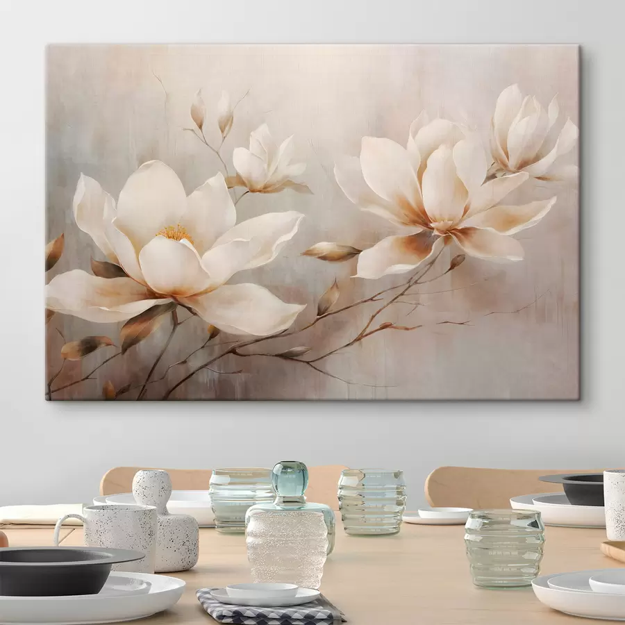 wall murals Textured vintage white magnolia flowers on branches in a light brown background s44869