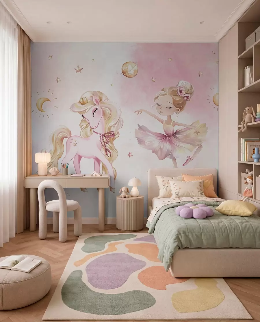 peintures murales Licorne et ballerine dans un conte de fées rose, histoire pour enfants w04196