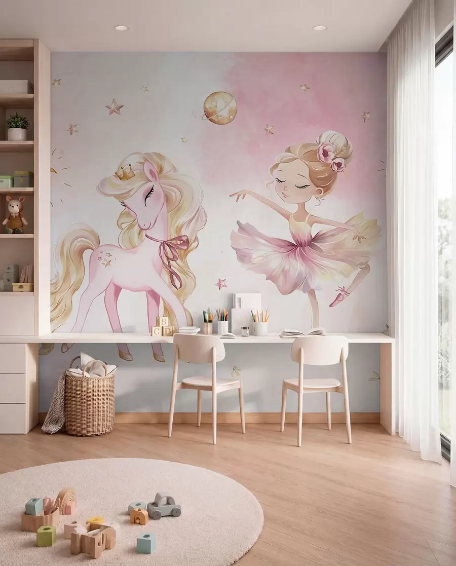 wall murals Unicorn and ballerina in a pink fairy tale, children's story w04196