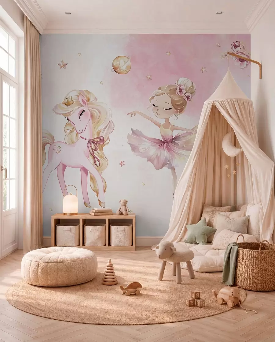 murales Unicornio y bailarina en un cuento de hadas rosa, cuento infantil w04196