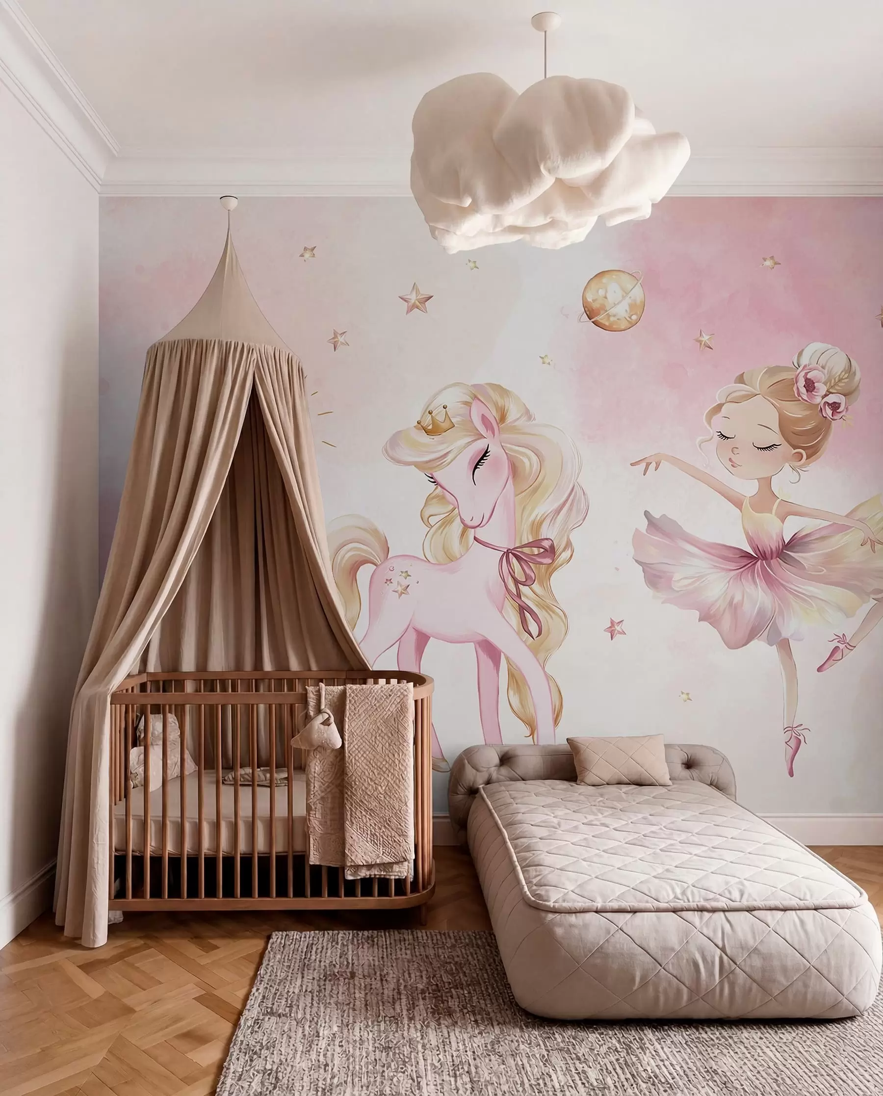 murales Unicornio y bailarina en un cuento de hadas rosa, cuento infantil w04196