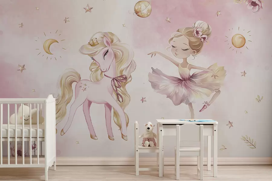 Wall Mural Photo Wallpaper Unicorn and ballerina in a pink fairy tale, children's story w04196