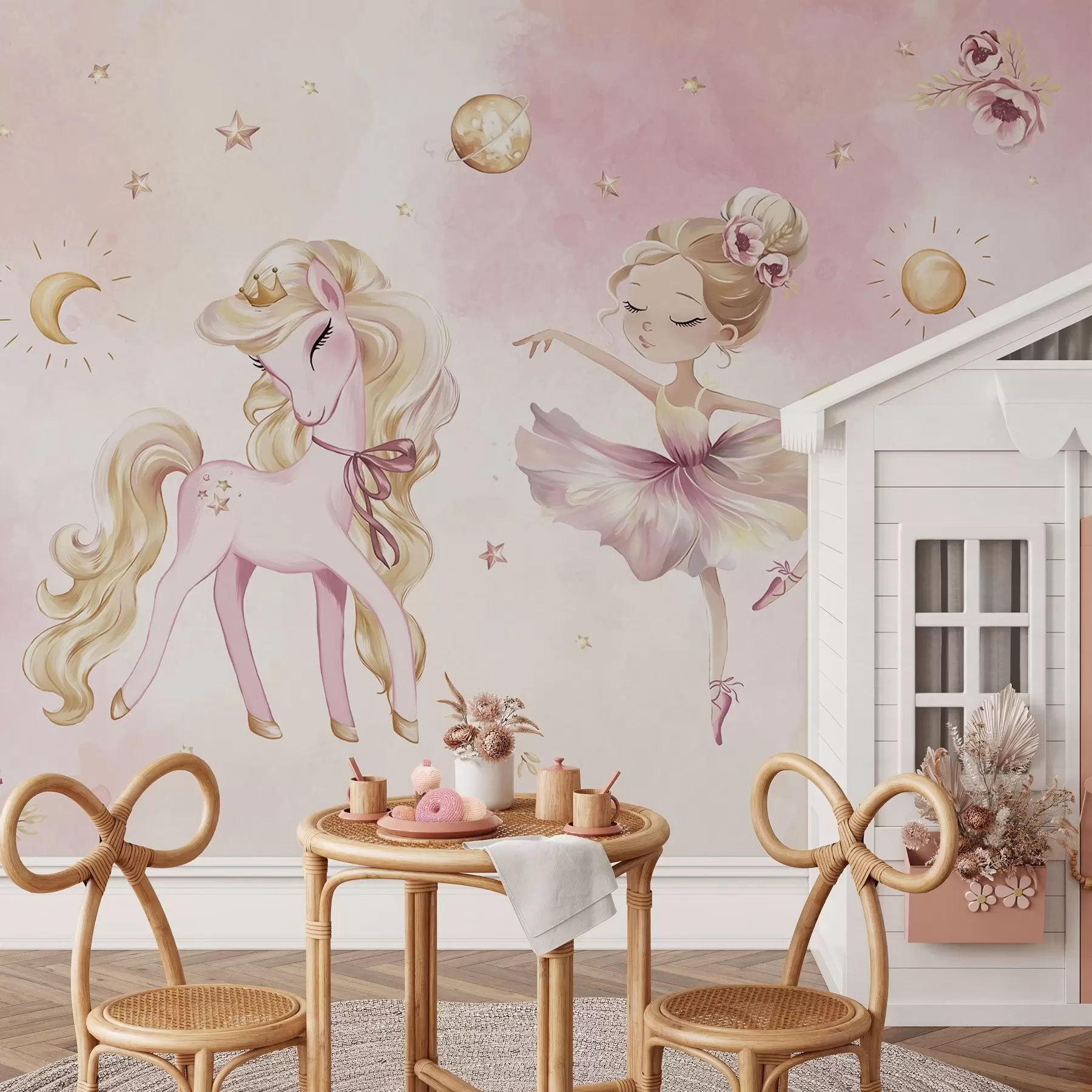 Wall Mural Photo Wallpaper Unicorn and ballerina in a pink fairy tale, children's story w04196