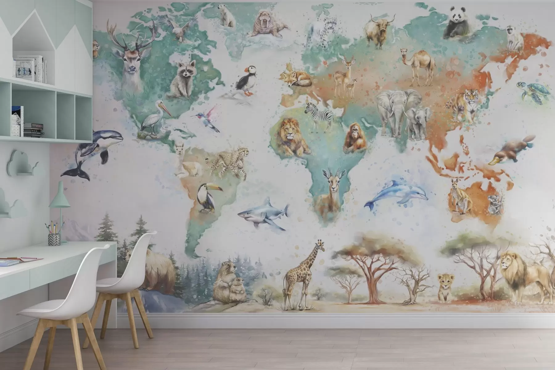 peintures murales Carte du monde avec des animaux, illustration éducative pour enfants w04148