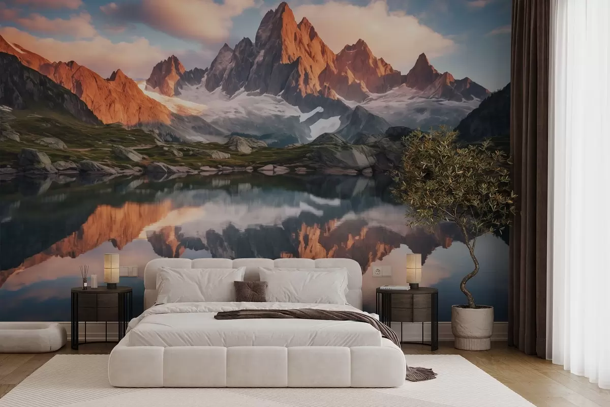 Wall Mural Photo Wallpaper Mountains at dawn, reflection in water, realistic landscape w04150