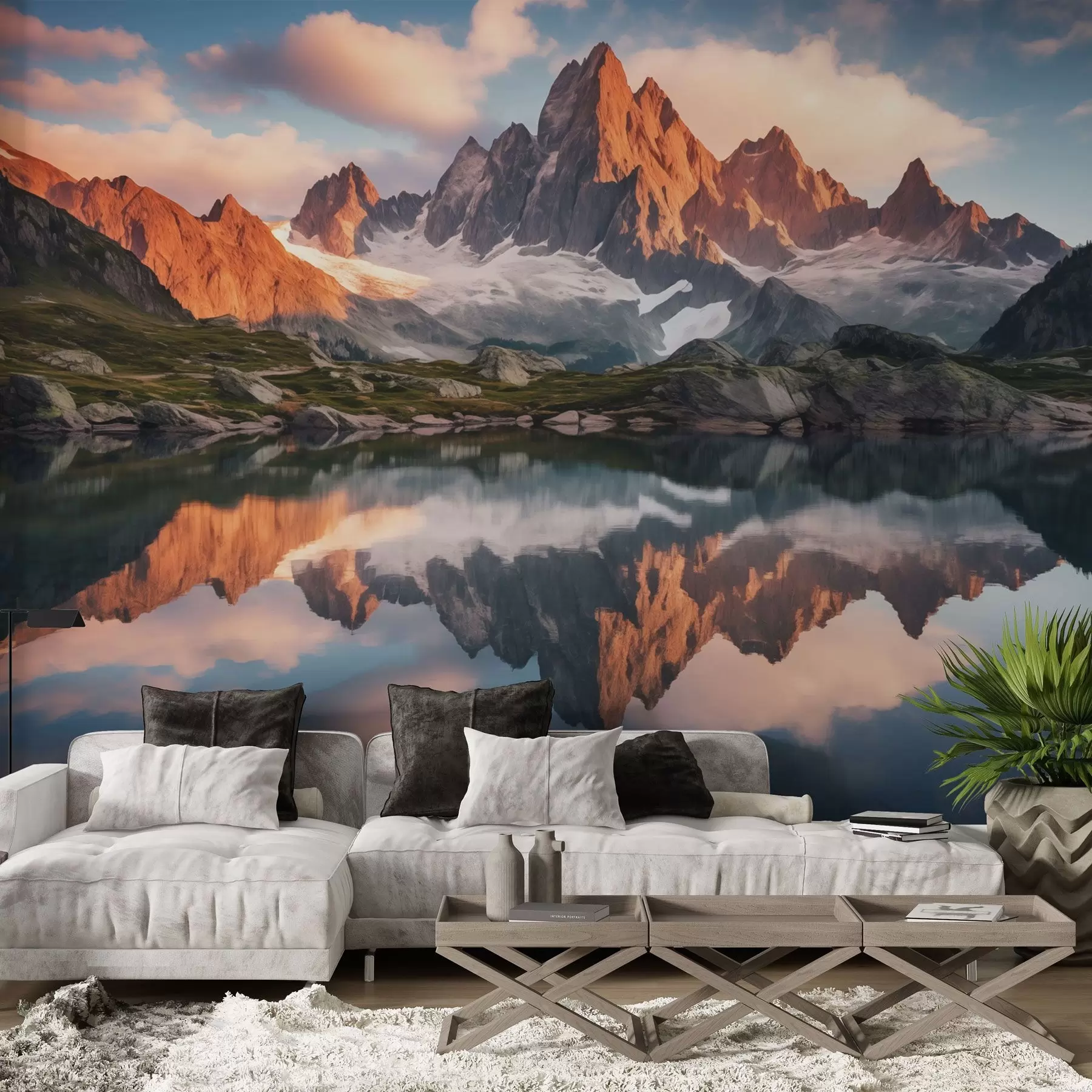 murales Montañas al amanecer, reflejo en el agua, paisaje realista w04150