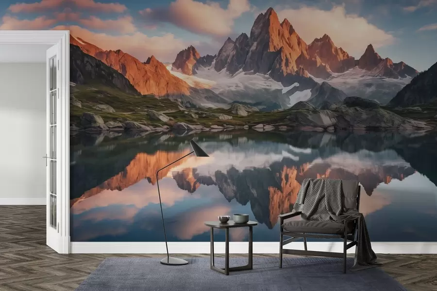 Wall Mural Photo Wallpaper Mountains at dawn, reflection in water, realistic landscape w04150