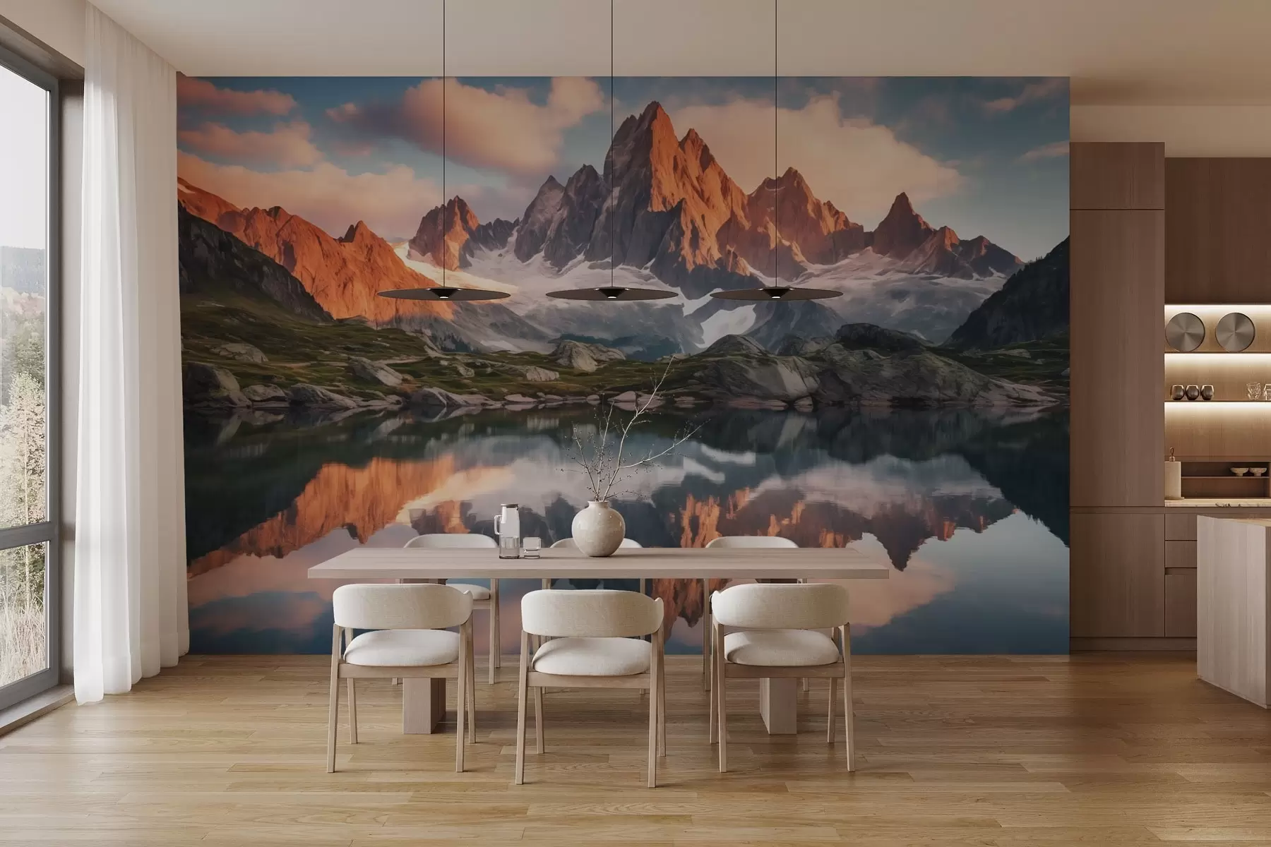 murales Montañas al amanecer, reflejo en el agua, paisaje realista w04150