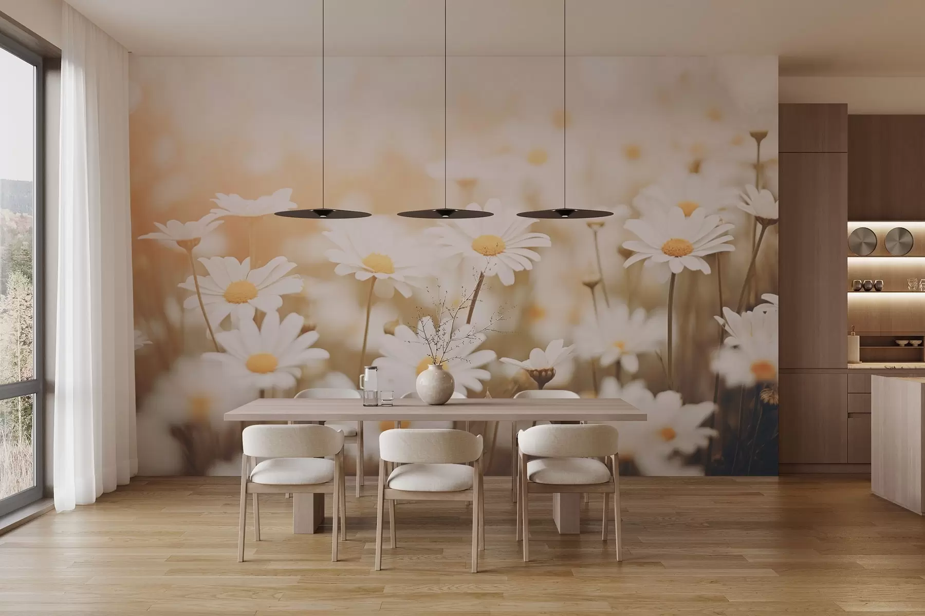 murales Margaritas silvestres sobre fondo claro con efecto de enfoque suave w04161