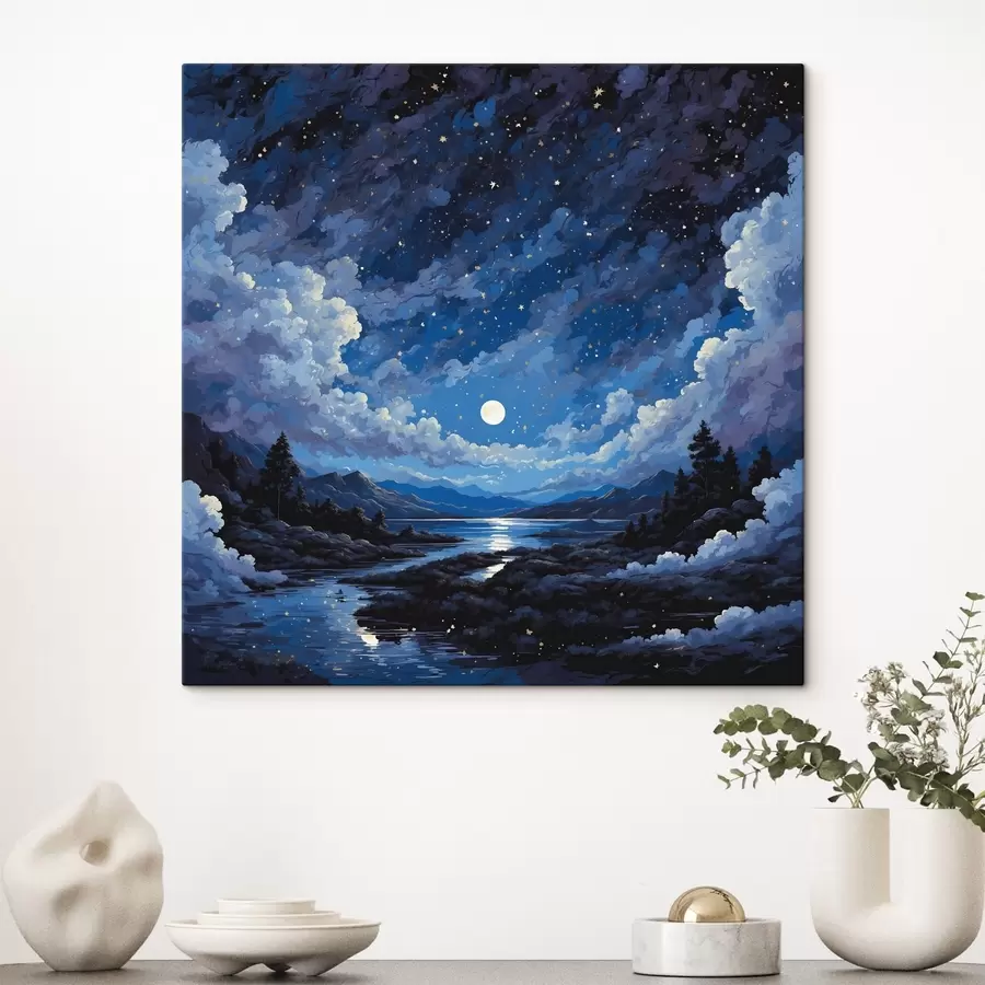 wall murals Night sky with moon and stars over mountain landscape s44872