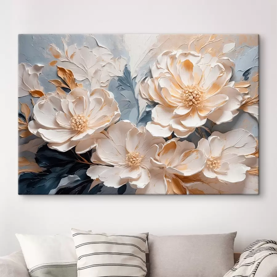 wall murals Volumetric cream peonies on a light blue background s44880