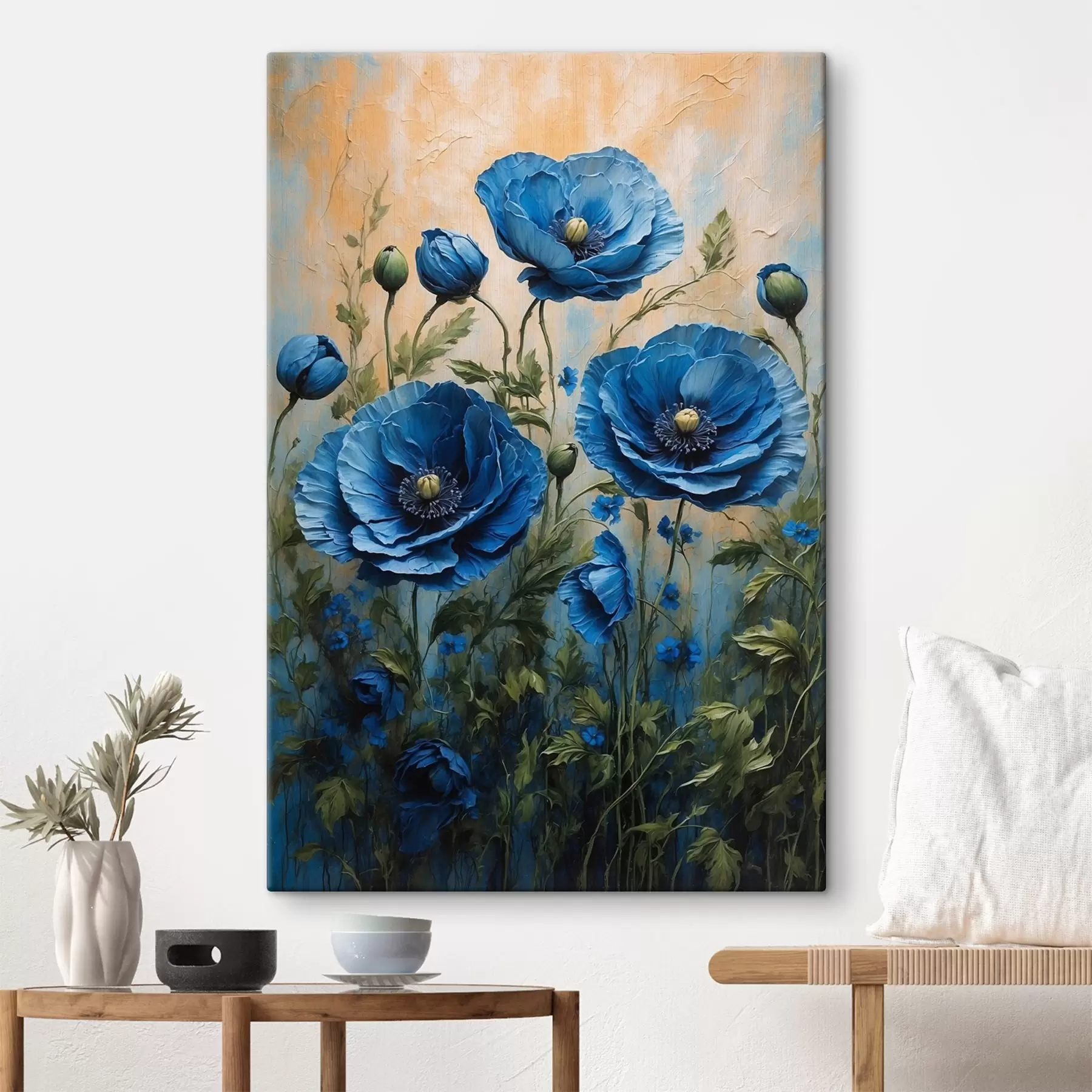 wall murals Blue poppies on a pastel background with leaves s44882