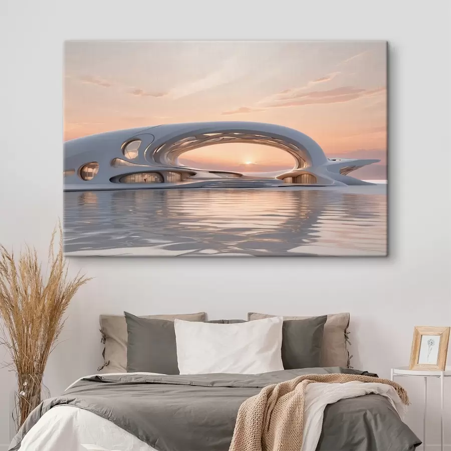 wall murals Futuristic building on water against a pink sunset s44884