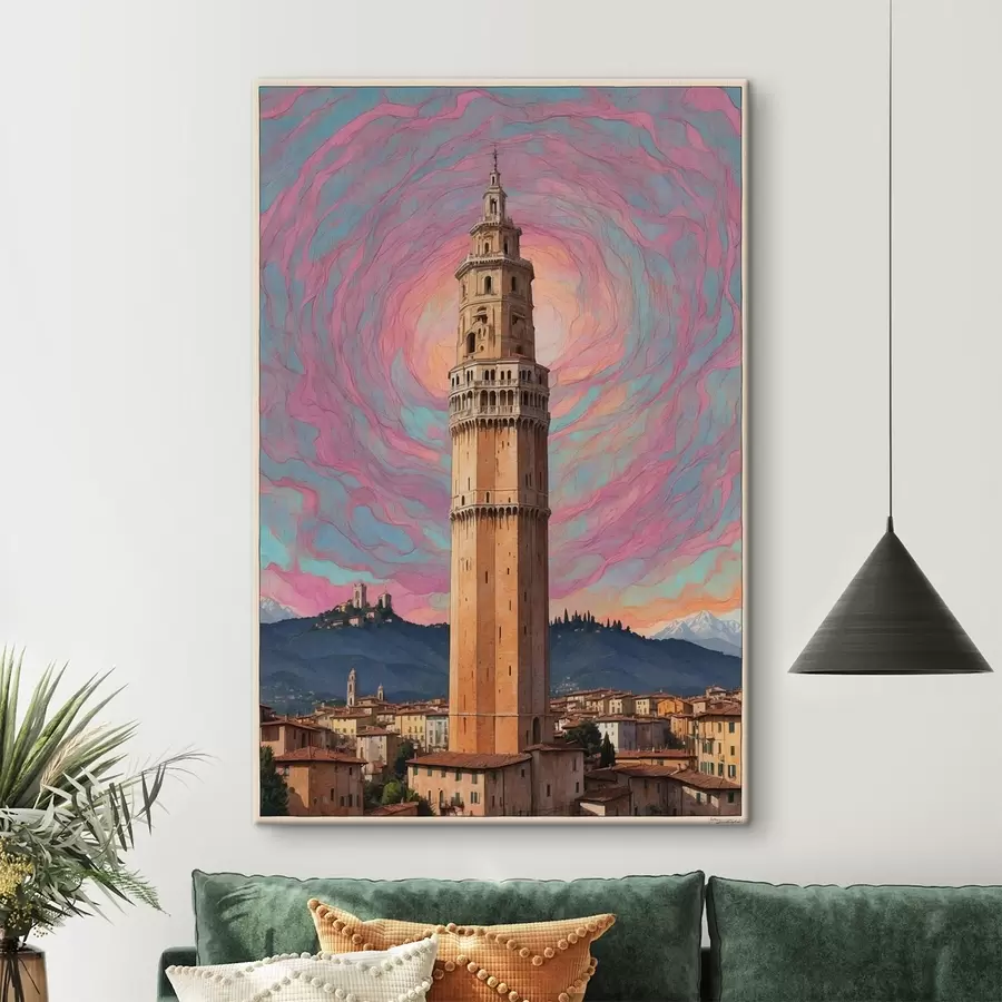 murales Torre de fantasía contra el cielo con espirales rosas y azules s44885
