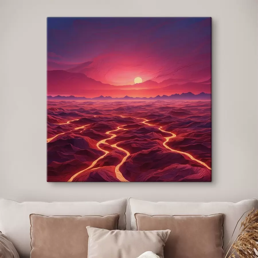 wall murals Hot landscape with lava flows under a red sky s44886