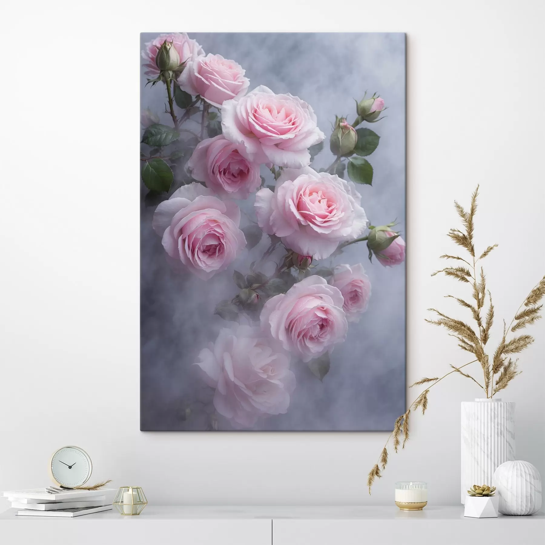 murales Rosas suavemente rosadas en la niebla con hojas verdes s44892