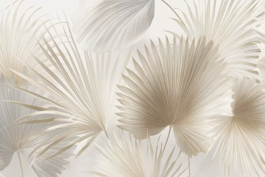 murales Suaves abanicos de hojas tropicales en tonos beige claro y azulados w09084