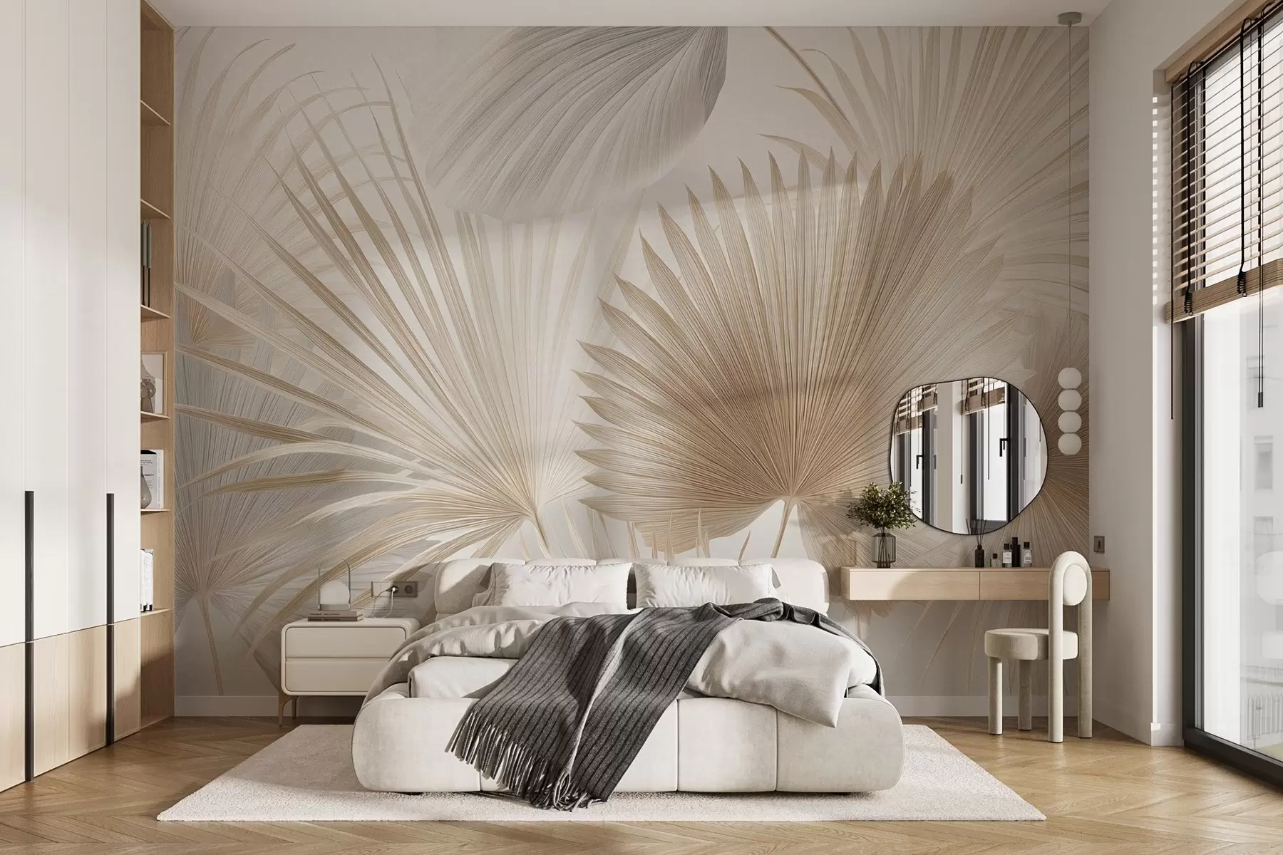 murales Suaves abanicos de hojas tropicales en tonos beige claro y azulados w09084