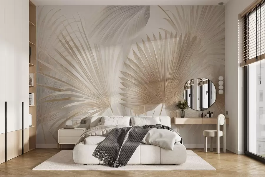 Wall Mural Photo Wallpaper Soft tropical leaf fans in light beige and bluish tones w09084