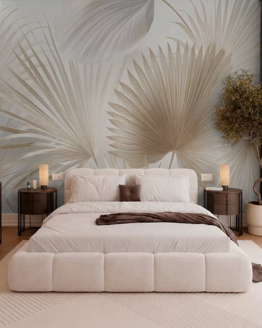 wall murals Soft tropical leaf fans in light beige and bluish tones w09084