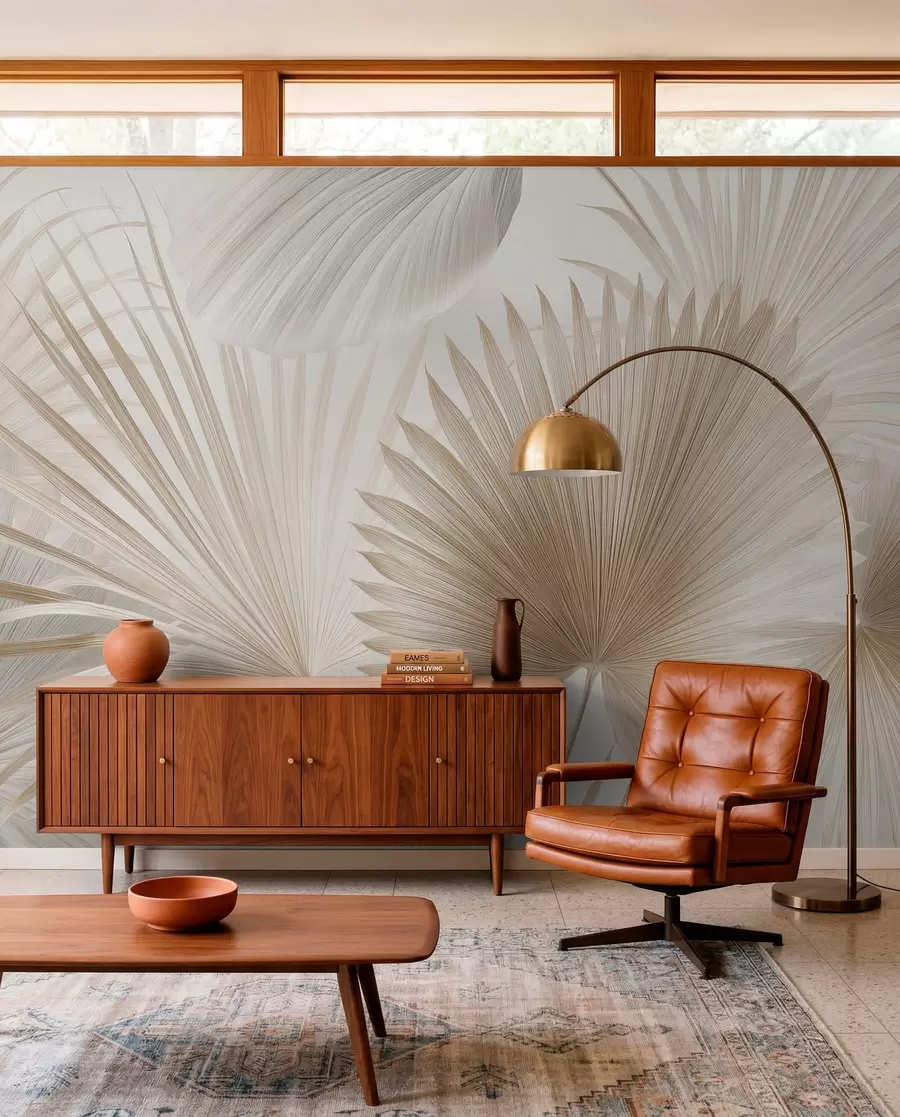Wall Mural Photo Wallpaper Soft tropical leaf fans in light beige and bluish tones w09084