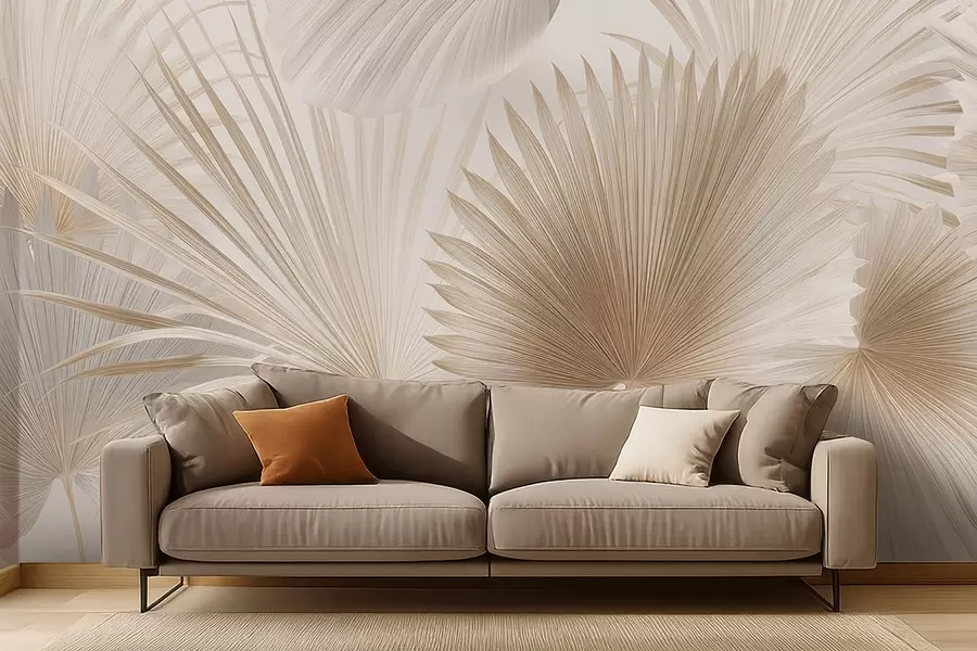 murales Suaves abanicos de hojas tropicales en tonos beige claro y azulados w09084