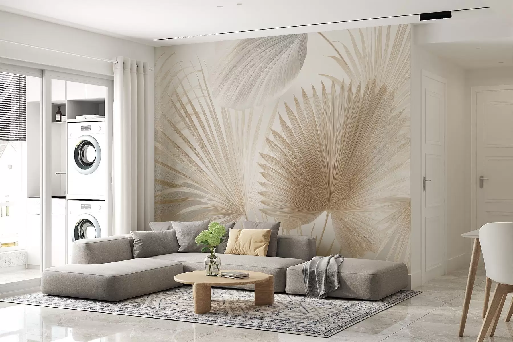 Wall Mural Photo Wallpaper Soft tropical leaf fans in light beige and bluish tones w09084