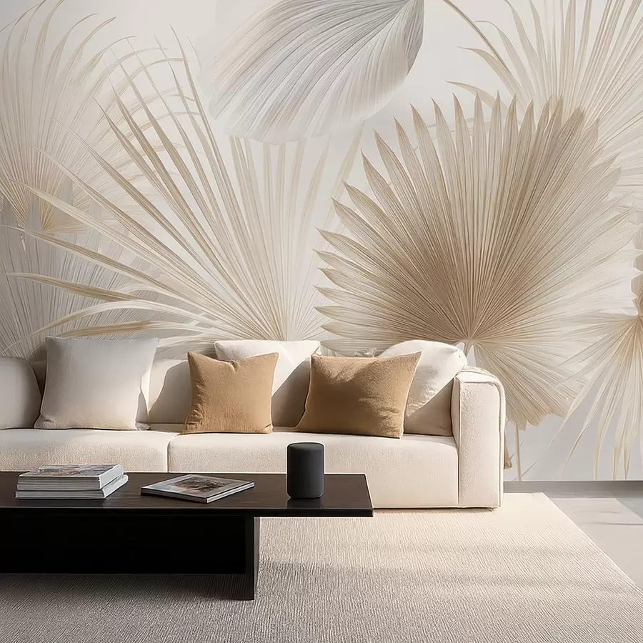 Wall Mural Photo Wallpaper Soft tropical leaf fans in light beige and bluish tones w09084