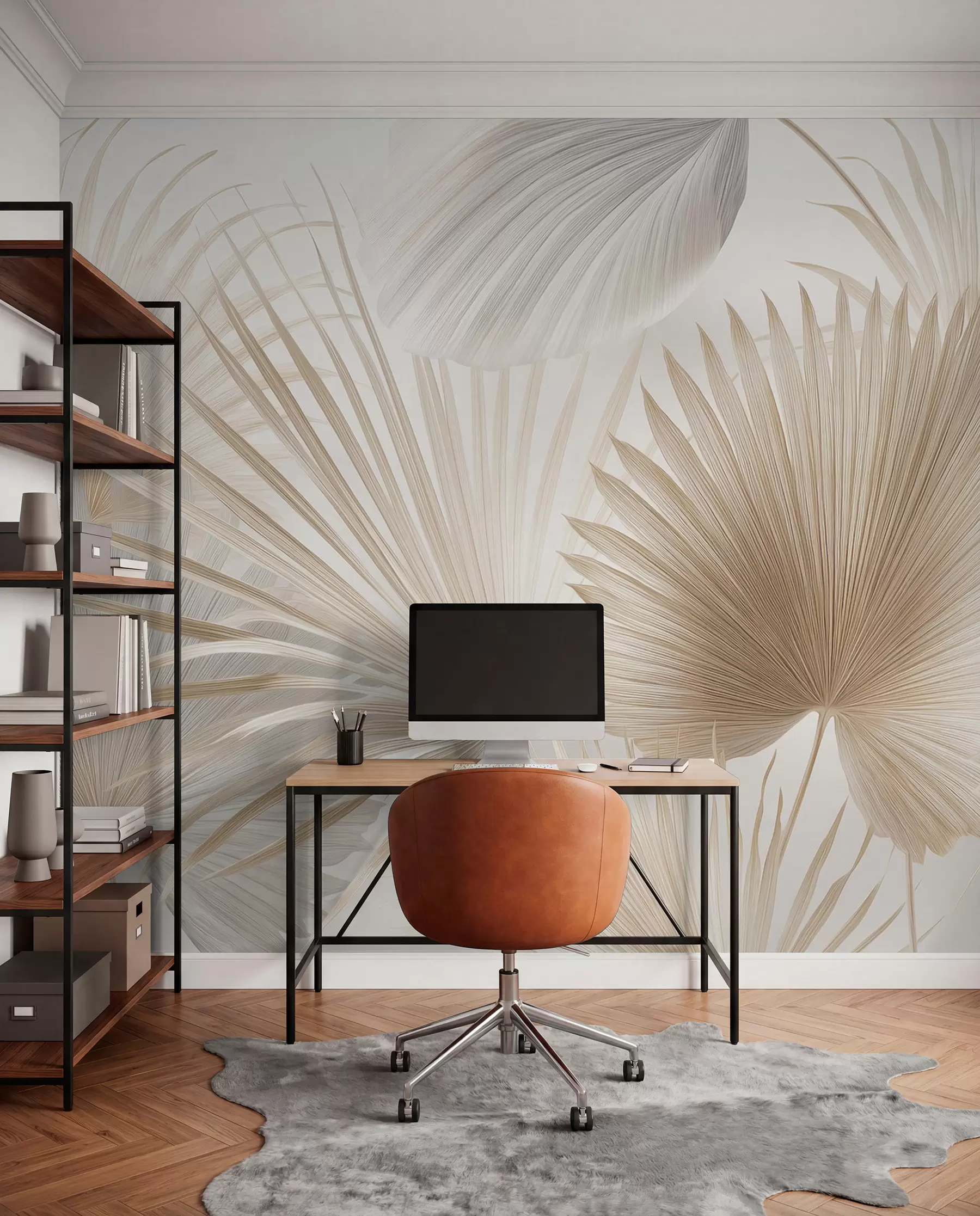 Wall Mural Photo Wallpaper Soft tropical leaf fans in light beige and bluish tones w09084