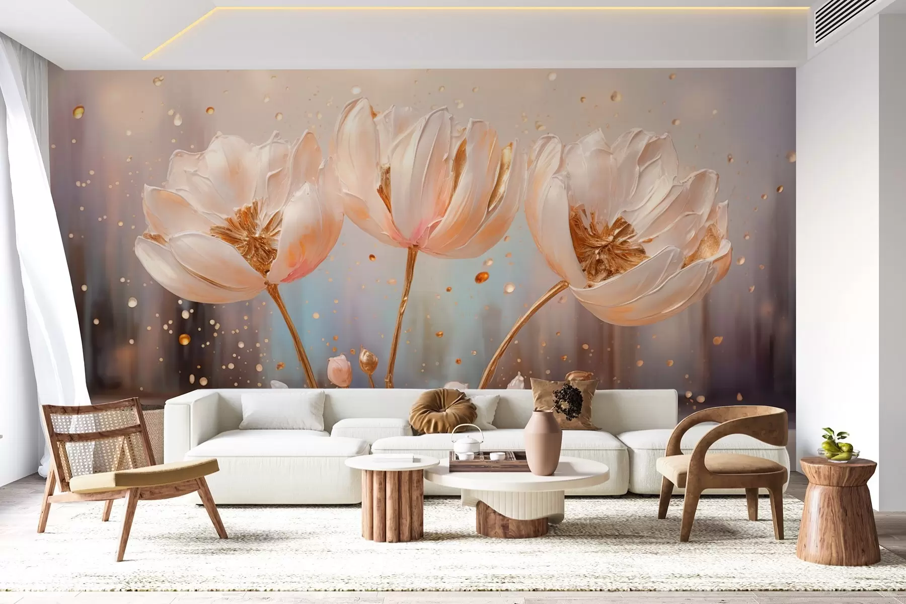 wall murals Delicate voluminous flowers at sunrise w09148