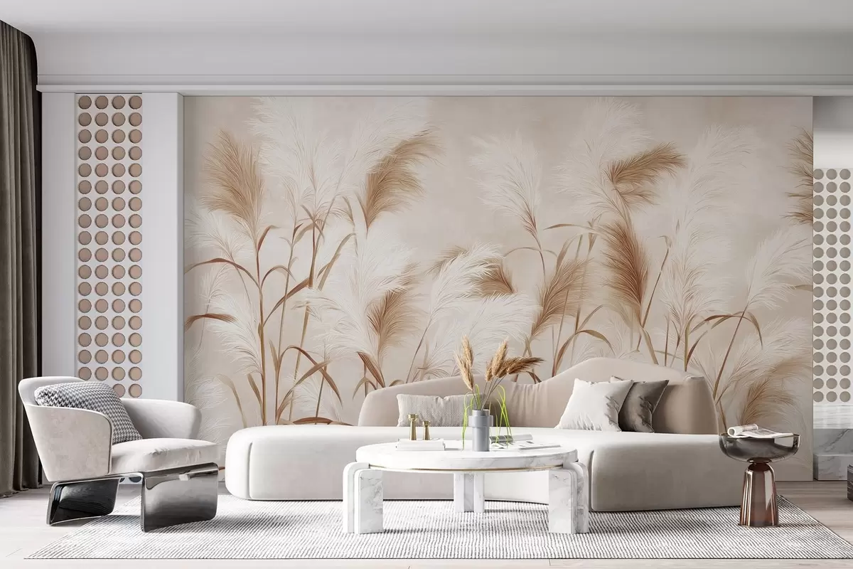 murales Elegantes flores de hierba de la pampa en suaves tonos beige y lechosos w09150v1