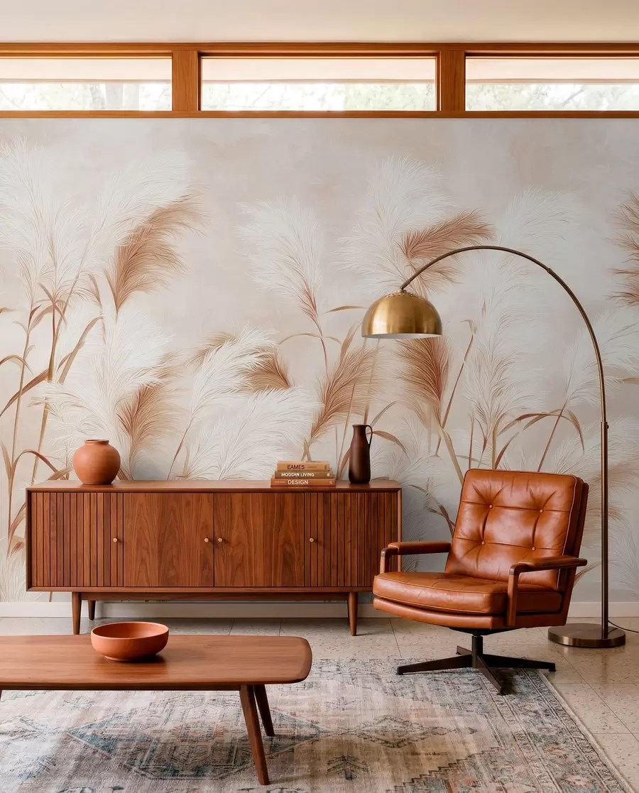 murales Elegantes flores de hierba de la pampa en suaves tonos beige y lechosos w09150v1