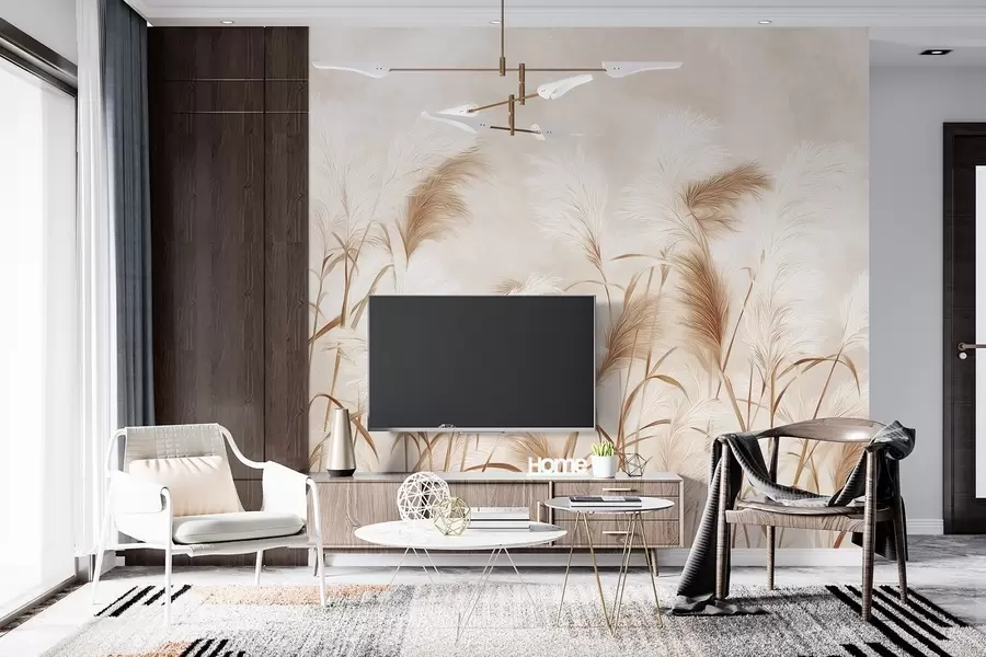 murales Elegantes flores de hierba de la pampa en suaves tonos beige y lechosos w09150v1
