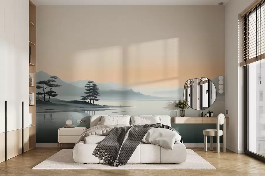 wall murals Minimalist landscape with misty mountains and a lake w09151