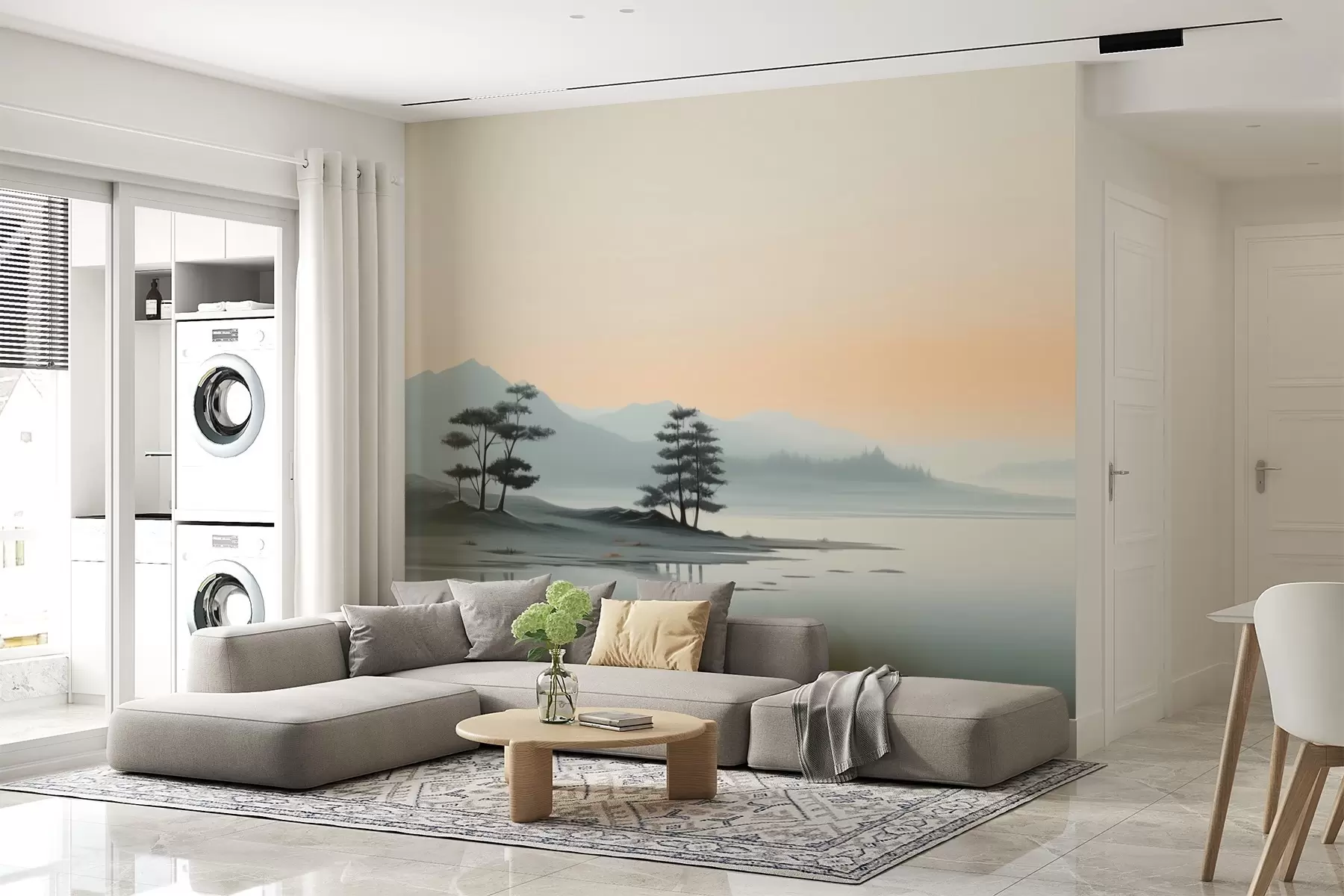 Wall Mural Photo Wallpaper Minimalist landscape with misty mountains and a lake w09151