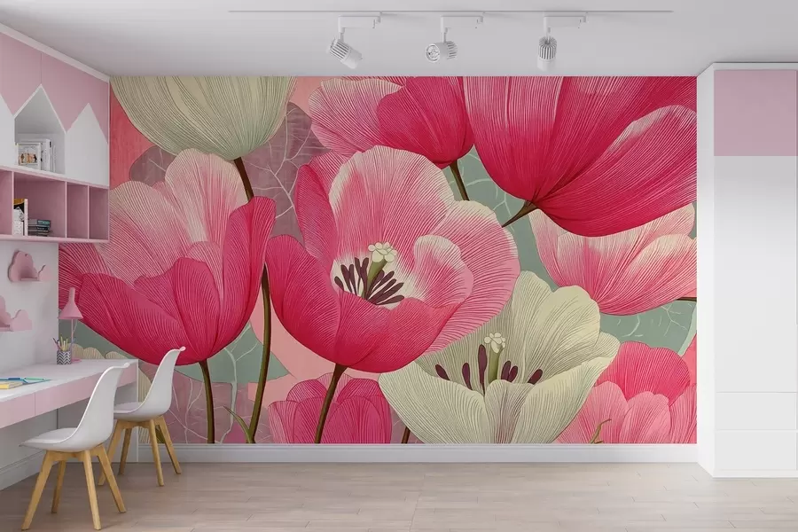 murales Amapolas vivas con hojas gráficas de fondo w09152
