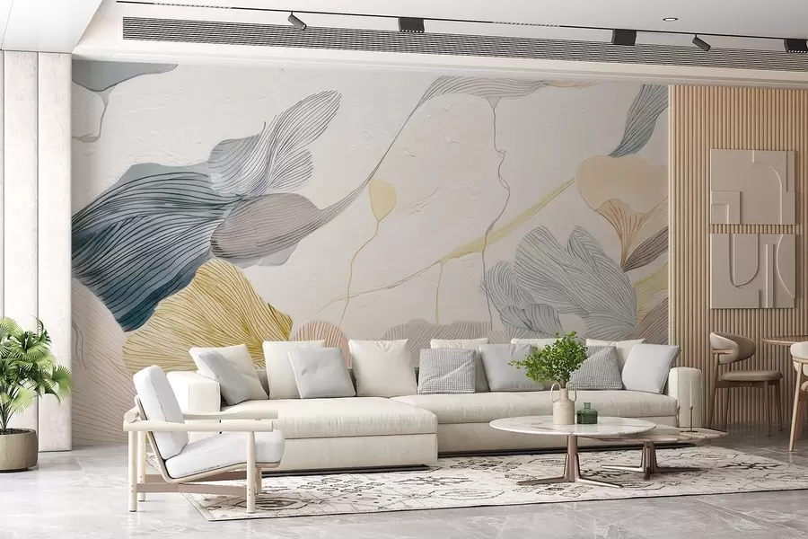 wall murals Abstract graphic leaves in warm and cool pastel tones w09222v1