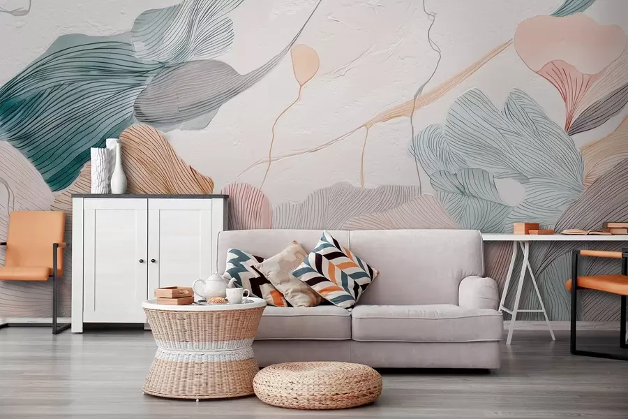 peintures murales Feuilles graphiques abstraites dans des tons pastel chauds w09222