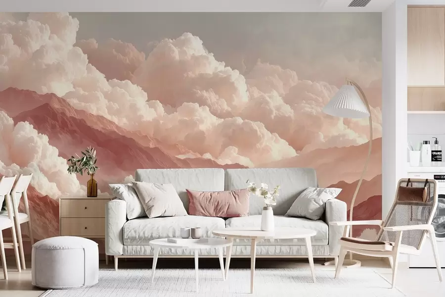 Wall Mural Photo Wallpaper Warm sunrise over mountains with fluffy clouds w09226