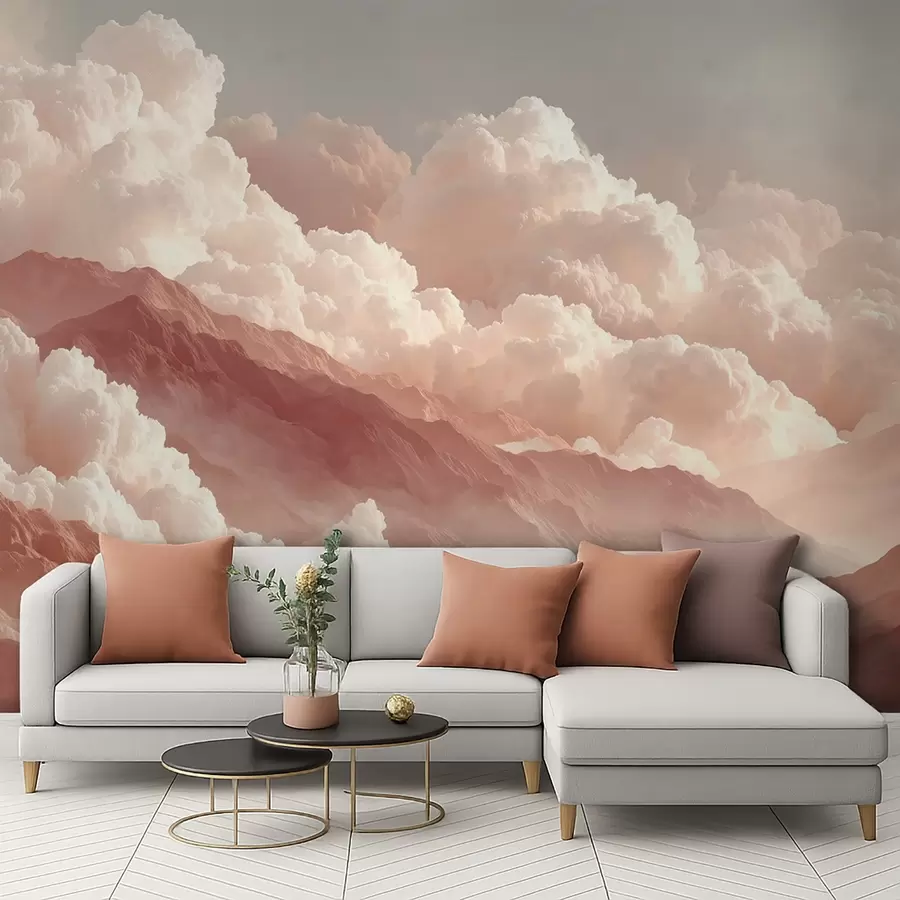 peintures murales Lever de soleil chaud sur les montagnes avec des nuages floconneux w09226