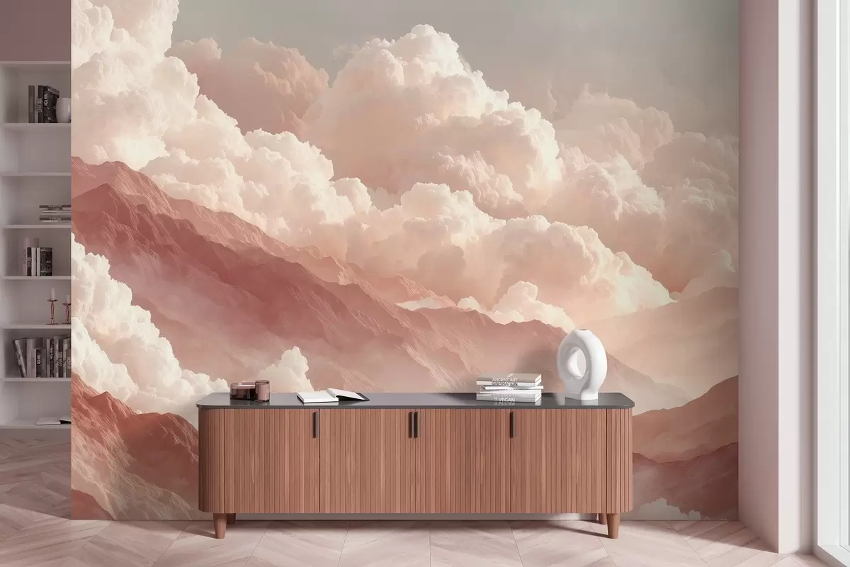 wall murals Warm sunrise over mountains with fluffy clouds w09226