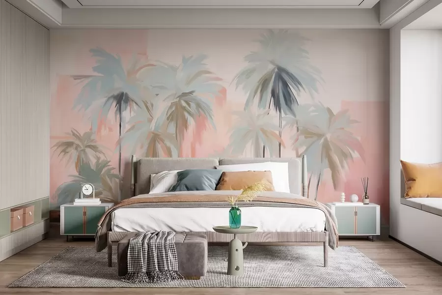 Wall Mural Photo Wallpaper Abstract minimalistic pastel tropical palm trees, against a background of soft pink and peach hues w09212
