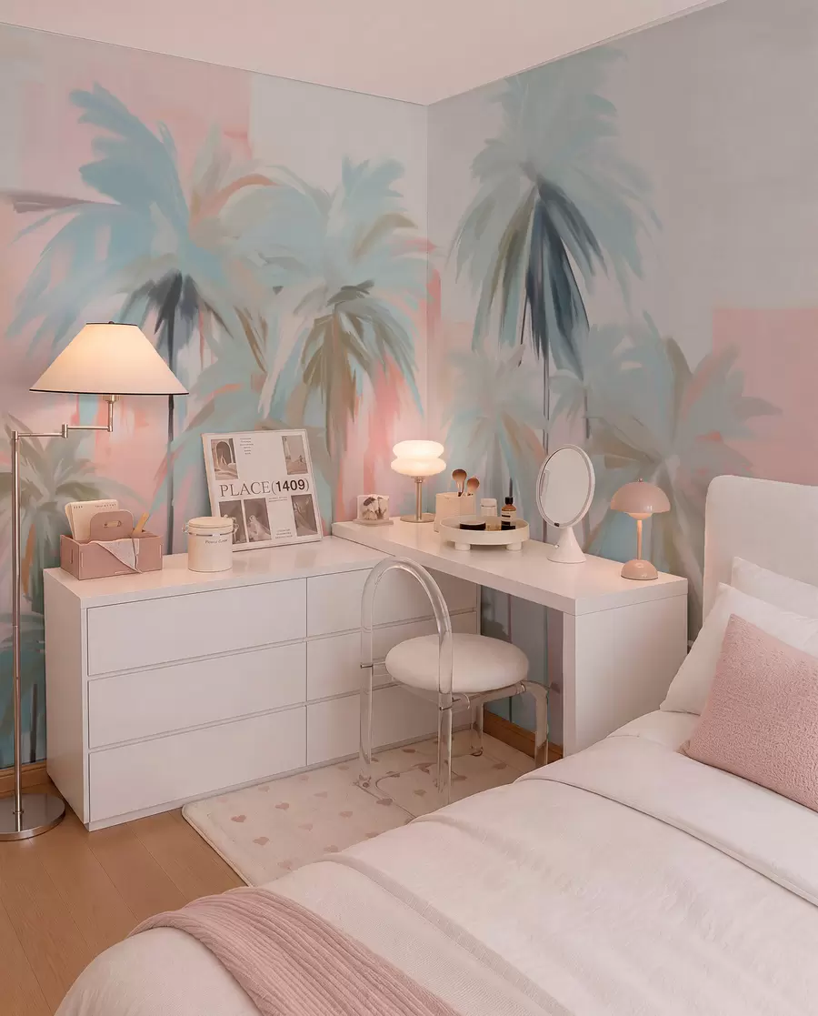 wall murals Abstract minimalistic pastel tropical palm trees, against a background of soft pink and peach hues w09212
