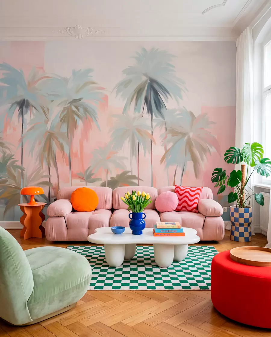 Wall Mural Photo Wallpaper Abstract minimalistic pastel tropical palm trees, against a background of soft pink and peach hues w09212